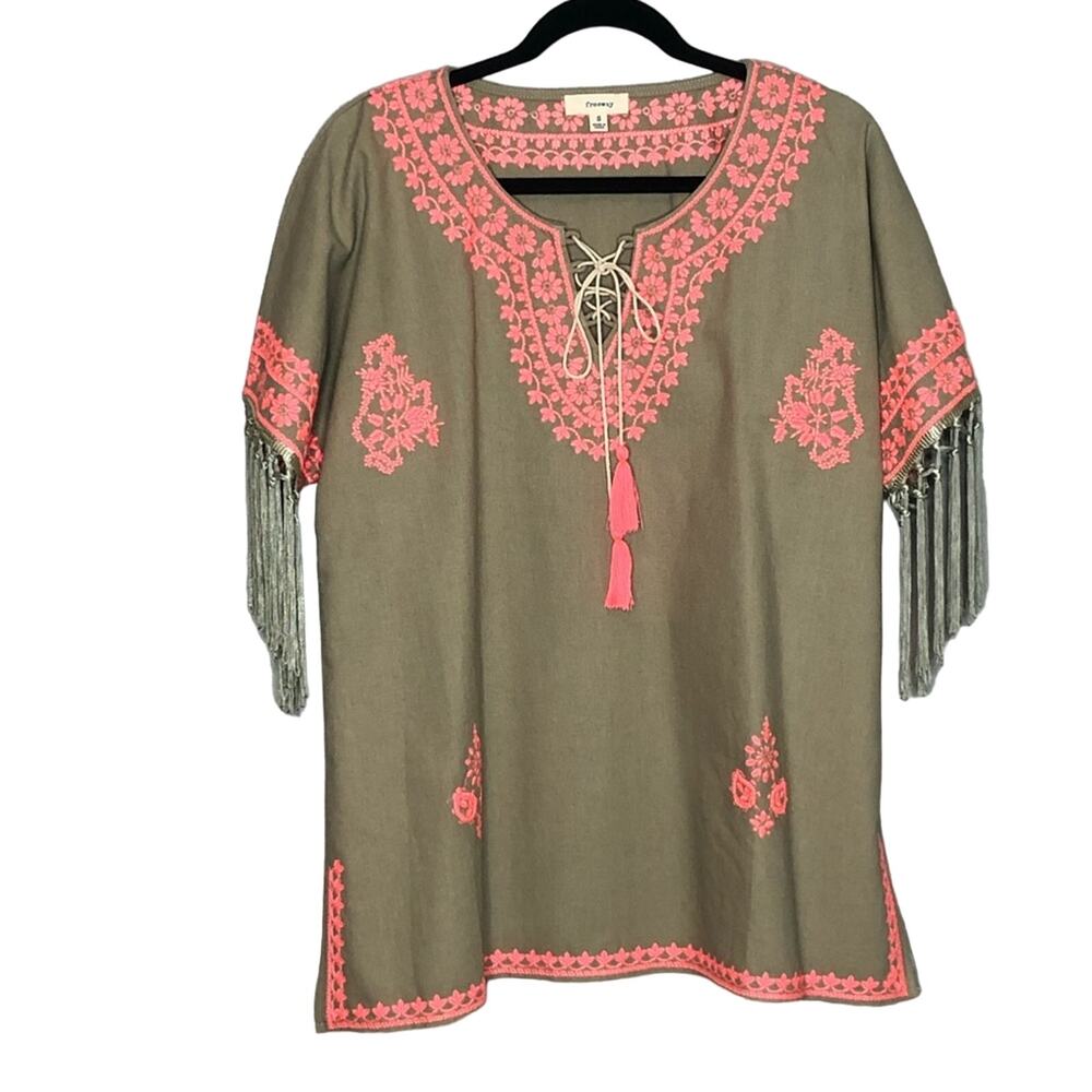 Freeway Tan and Neon Fringe Short Sleeve Linen Tunic Dress Size Small